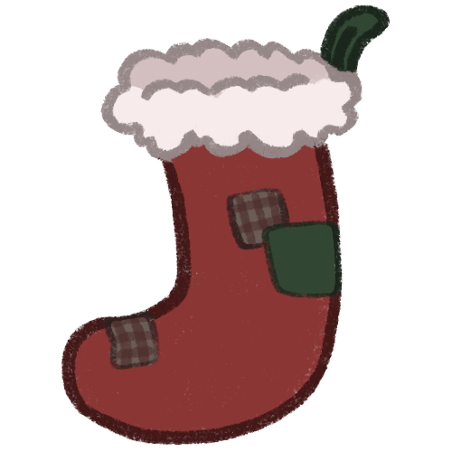 A red christmas stocking with white fluff around the rim and patches on it.